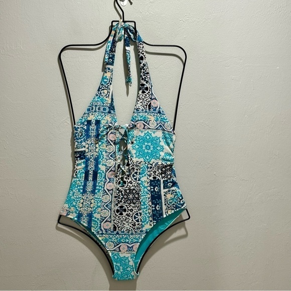 SEAFOLLY Women’s Blue Multi Print SILK MARKET Lace Up Halter Swimsuit Size US 4 - Picture 2 of 6